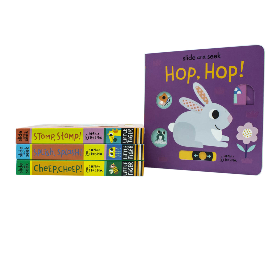 Hop Hop Slide and Seek lift-the-flap slider board book by Sophie Ledesma for toddlers