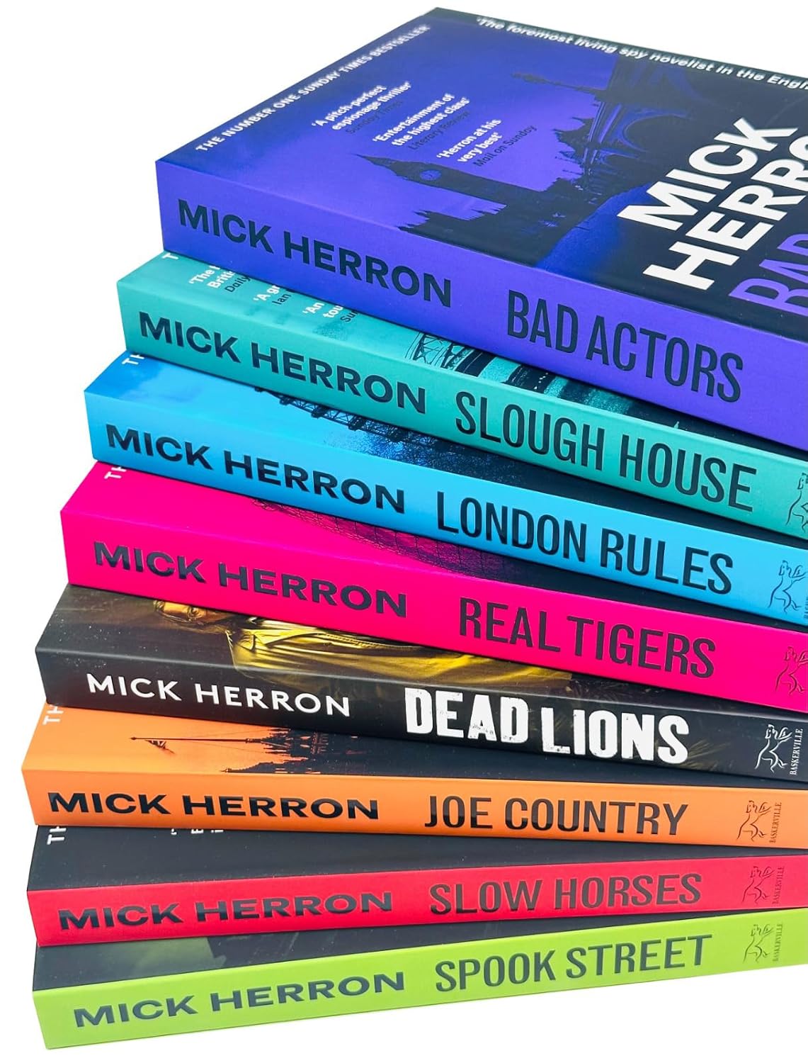 Mick Herron Slough House thriller paperback book set spines showing Joe Country and Real Tigers