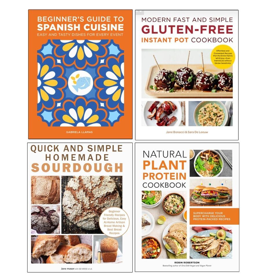 4 Books Collection Set paperback cookbooks - Spanish Cuisine, Sourdough, Plant Protein & Gluten-Free Instant Pot recipes for adults