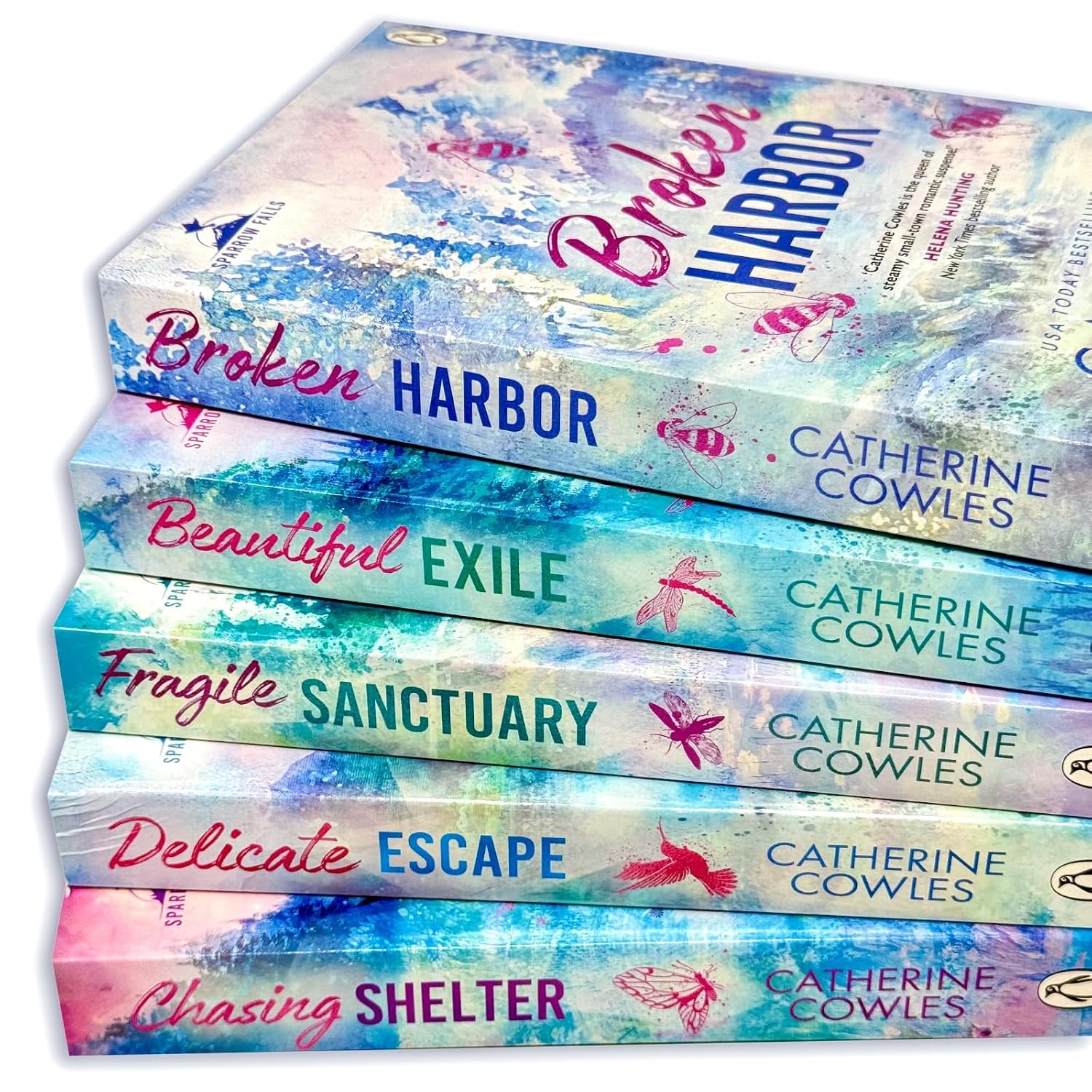 Broken Harbor and Beautiful Exile paperback covers from the Sparrow Falls series by Catherine Cowles