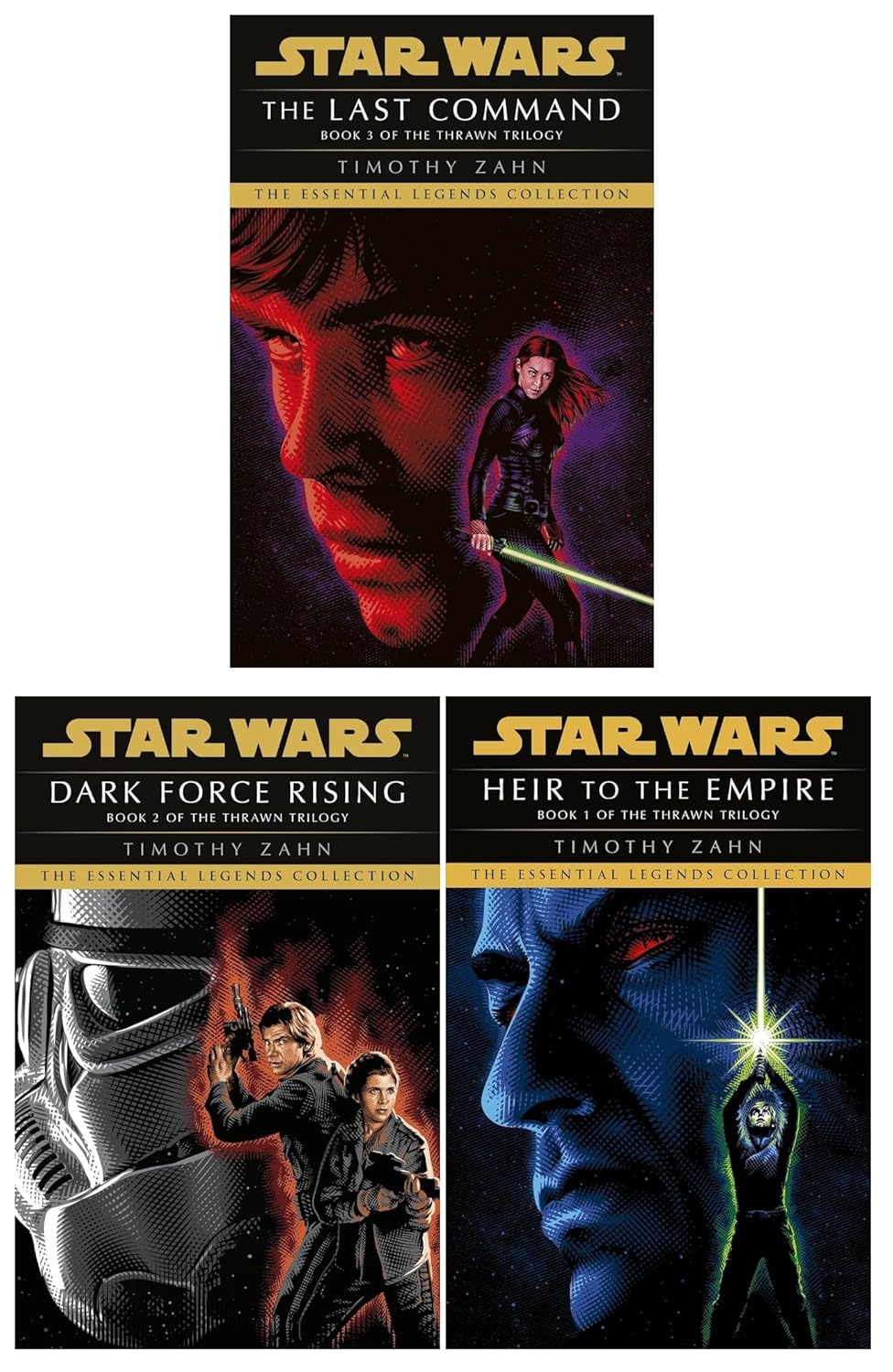 Star Wars Thrawn Trilogy and Darth Bane Trilogy paperback books stacked showing all six titles in the collection