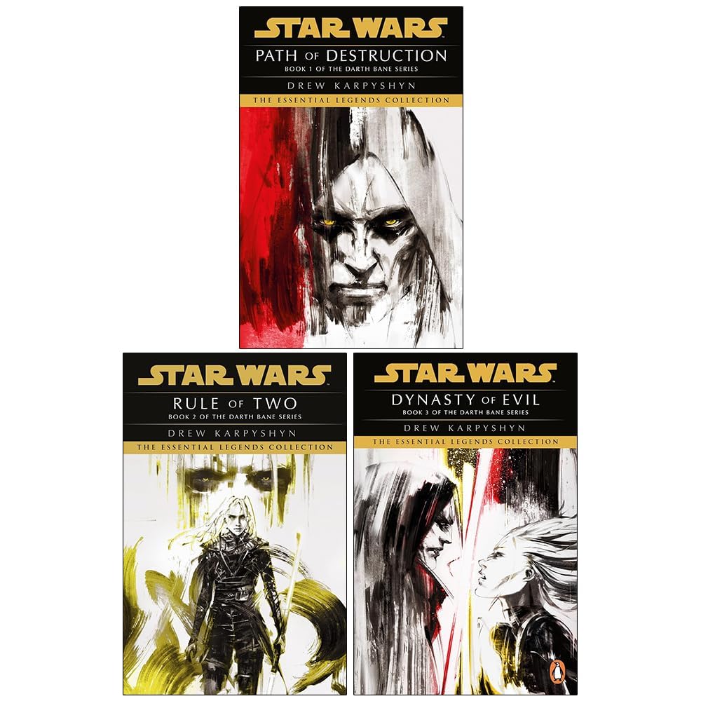 Close up of Star Wars Essential Legends Collection paperback spines featuring Heir to the Empire, Dark Force Rising and Darth Bane novels