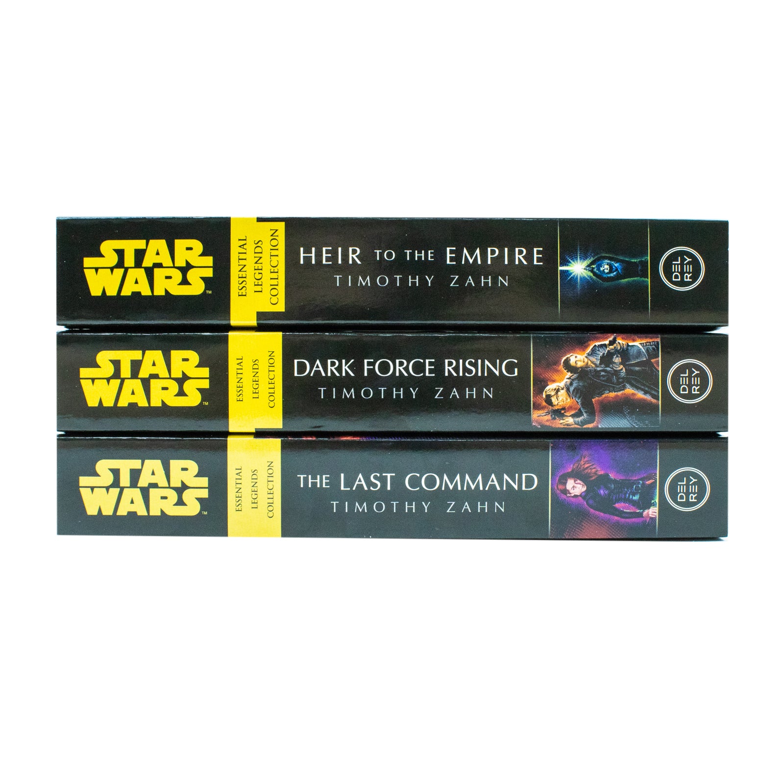 Star Wars: The Thrawn Trilogy books stacked - Heir to the Empire, Dark Force Rising, The Last Command paperback set
