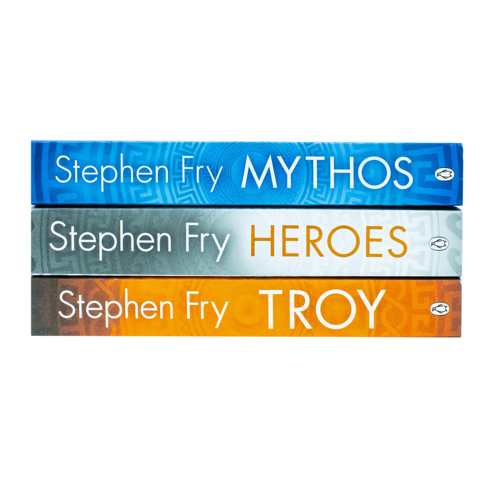 Stephen Fry Greek Myths paperback box set spines - Troy, Heroes, Mythos