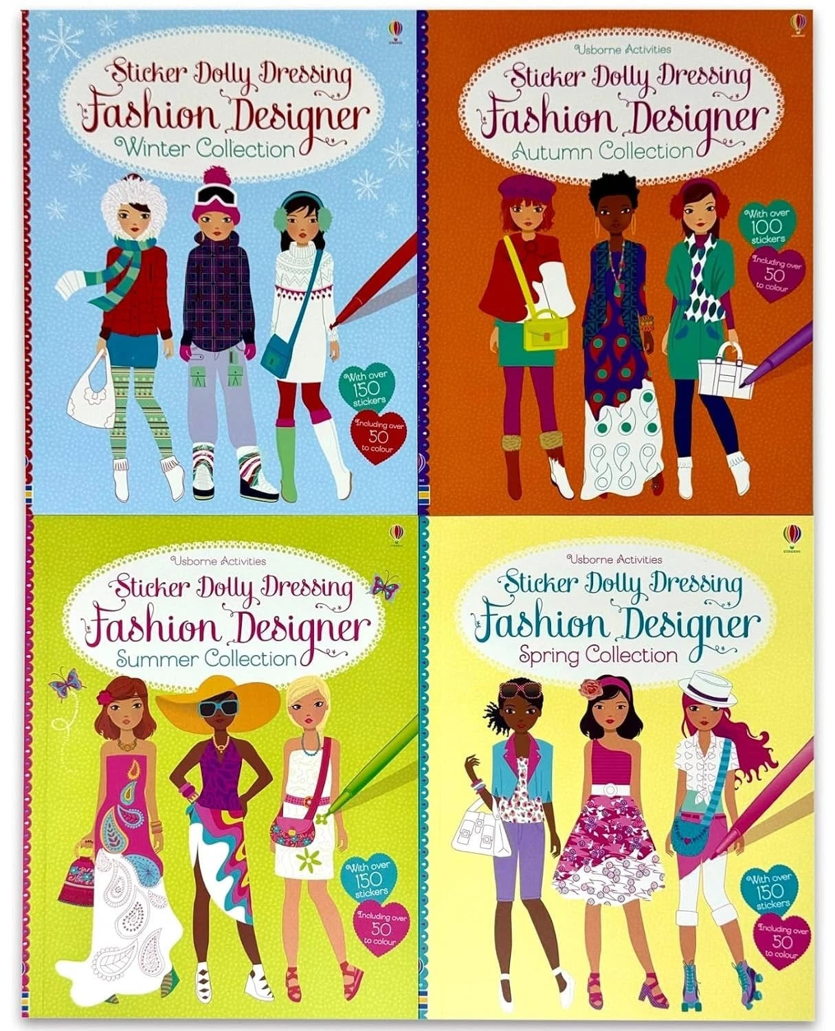 Inside pages of Usborne Sticker Dolly Dressing Fashion Designer activity book showing dress-up stickers
