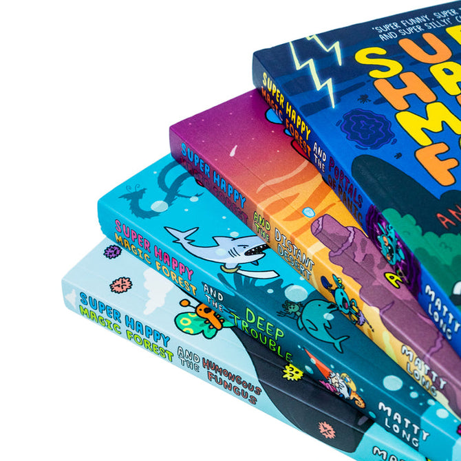 Super Happy Magic Forest by Matty Long paperback set showing Humongous Fungus and Portals of Panic covers