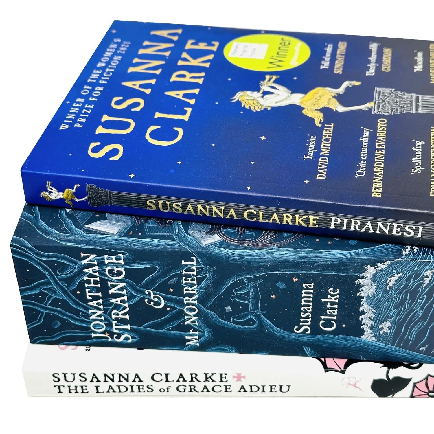 Close-up of Susanna Clarke 3 book paperback set showing Piranesi and Jonathan Strange and Mr Norrell covers