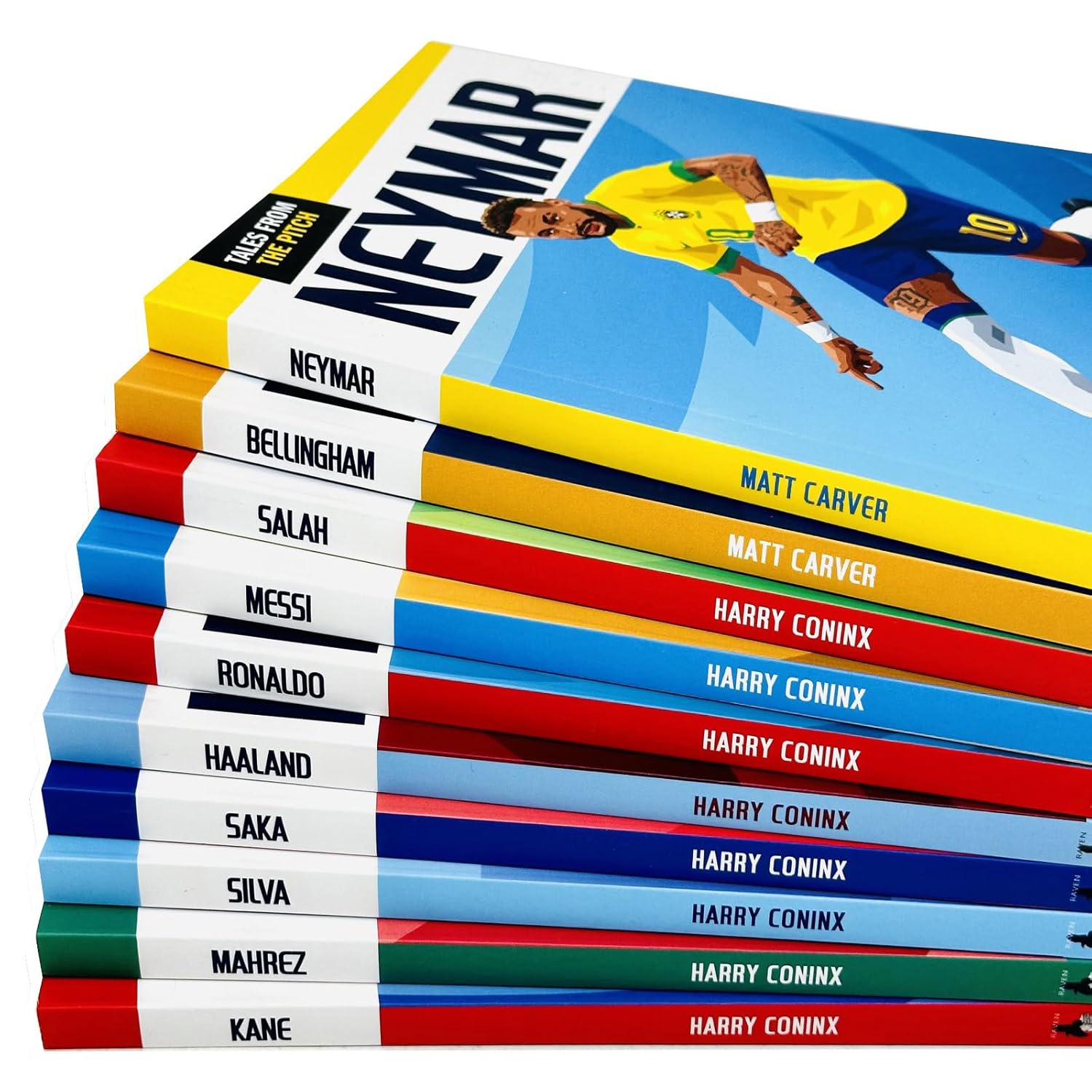 Tales From The Pitch Set 2 paperback books showing Messi, Ronaldo, Neymar and Haaland titles - Ages 9-14 football biography collection