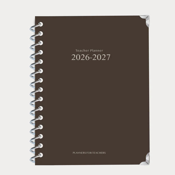 Front cover of the Teacher Planner 2026-2027 for teachers, brown cover paperback