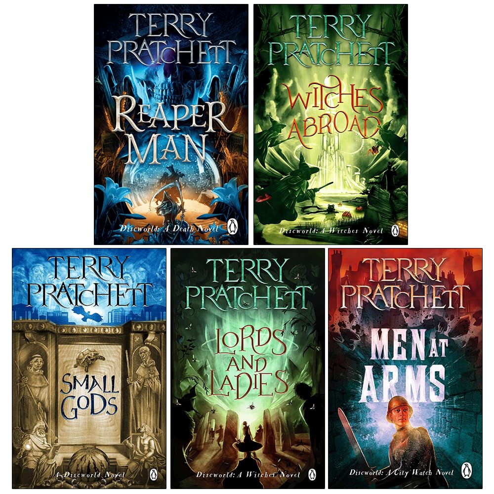 Terry Pratchett Discworld 5 Book Set paperback spines showing all five titles