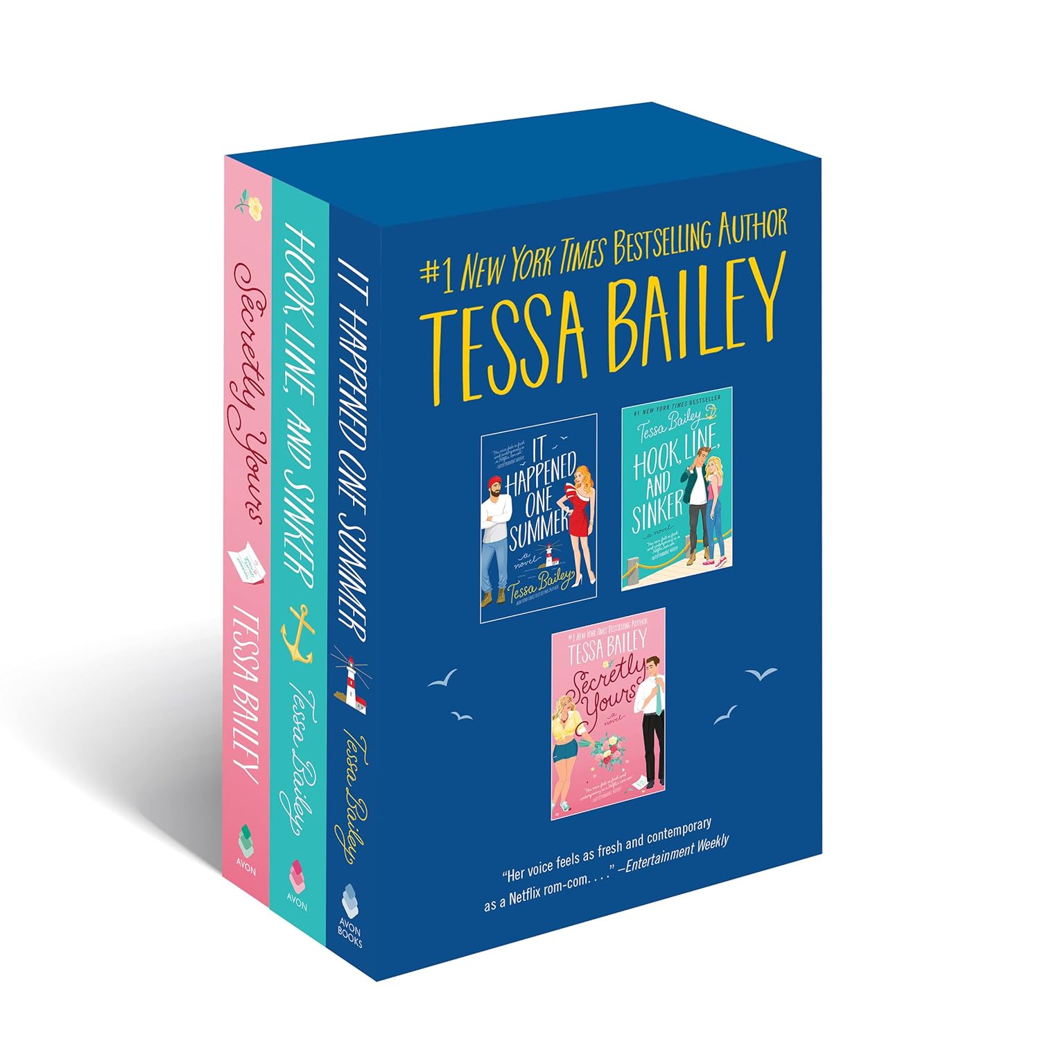 Back cover of Tessa Bailey 3 Book Set paperback collection featuring It Happened One Summer, Hook Line and Sinker, Secretly Yours