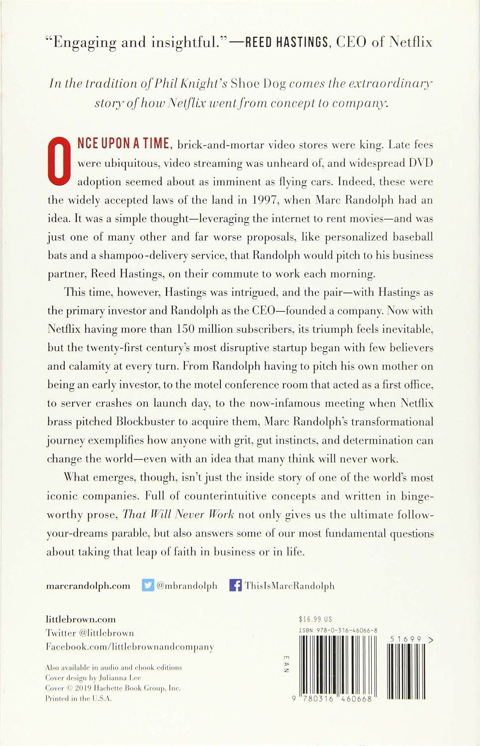 That Will Never Work by Marc Randolph, paperback back cover - Netflix co-founder memoir details