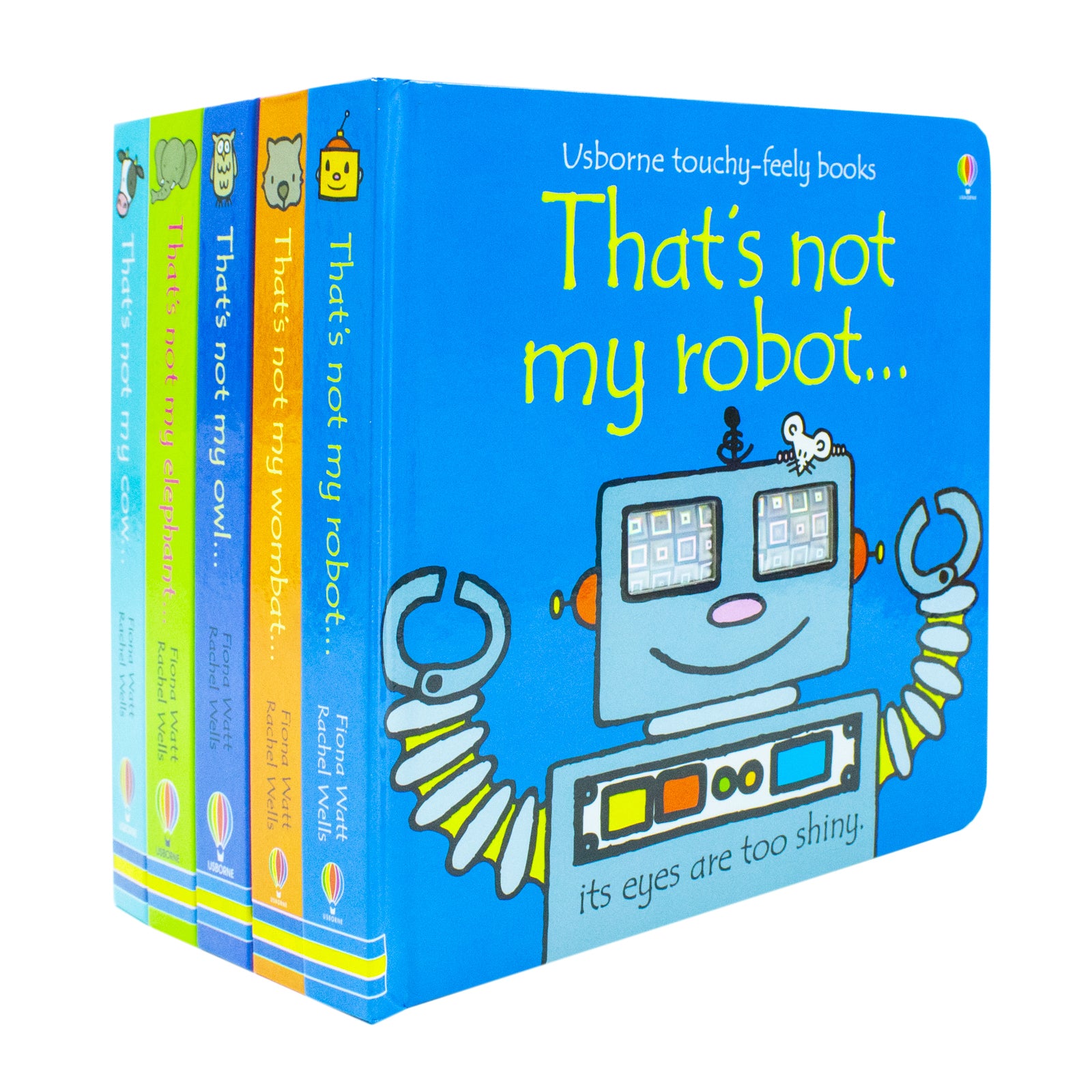 That's Not My... Collection 1 board book set showing Robot, Wombat, Owl, Elephant and Cow titles