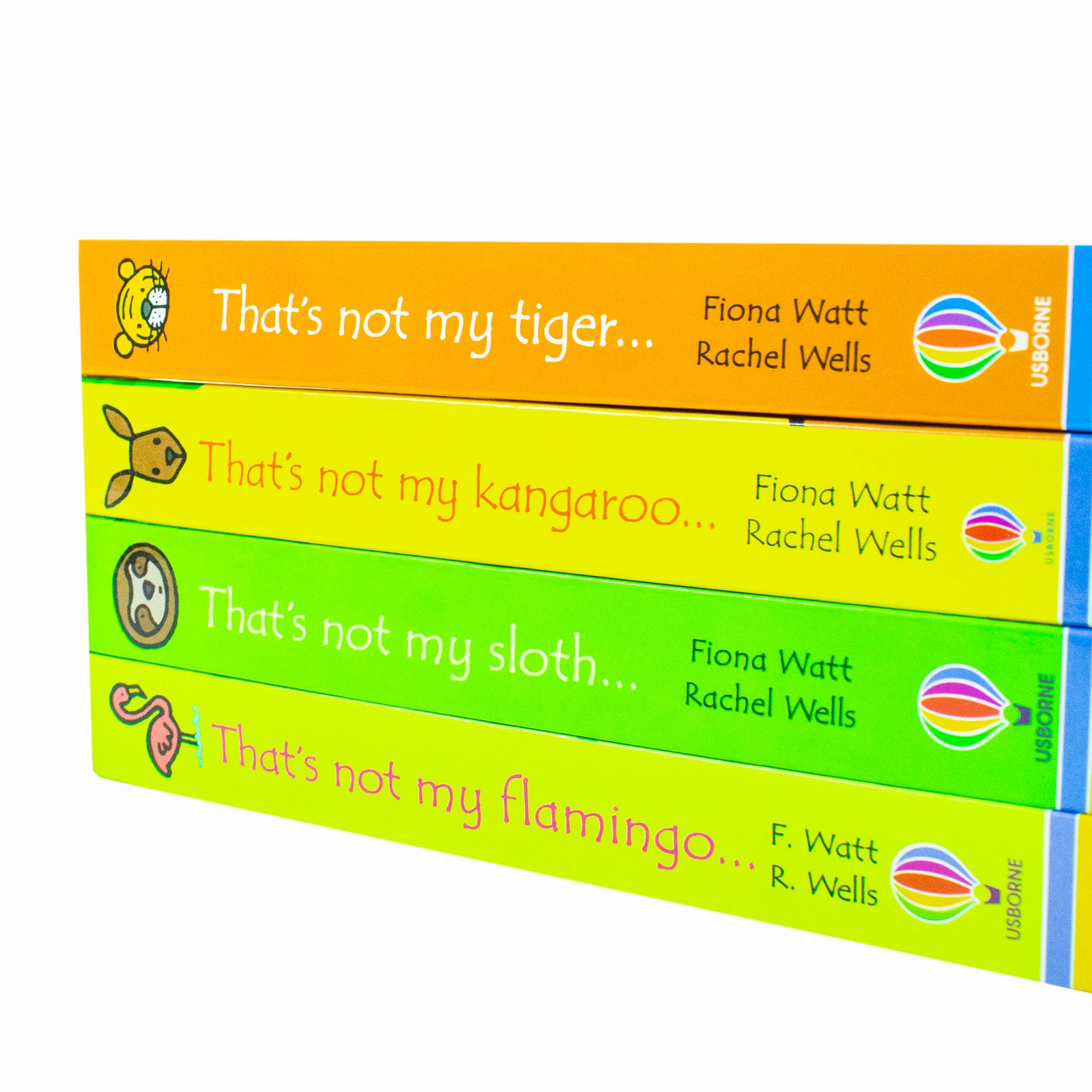 That's Not My Zoo 4 Book Set showing all four titles - Flamingo, Sloth, Kangaroo, Tiger board books
