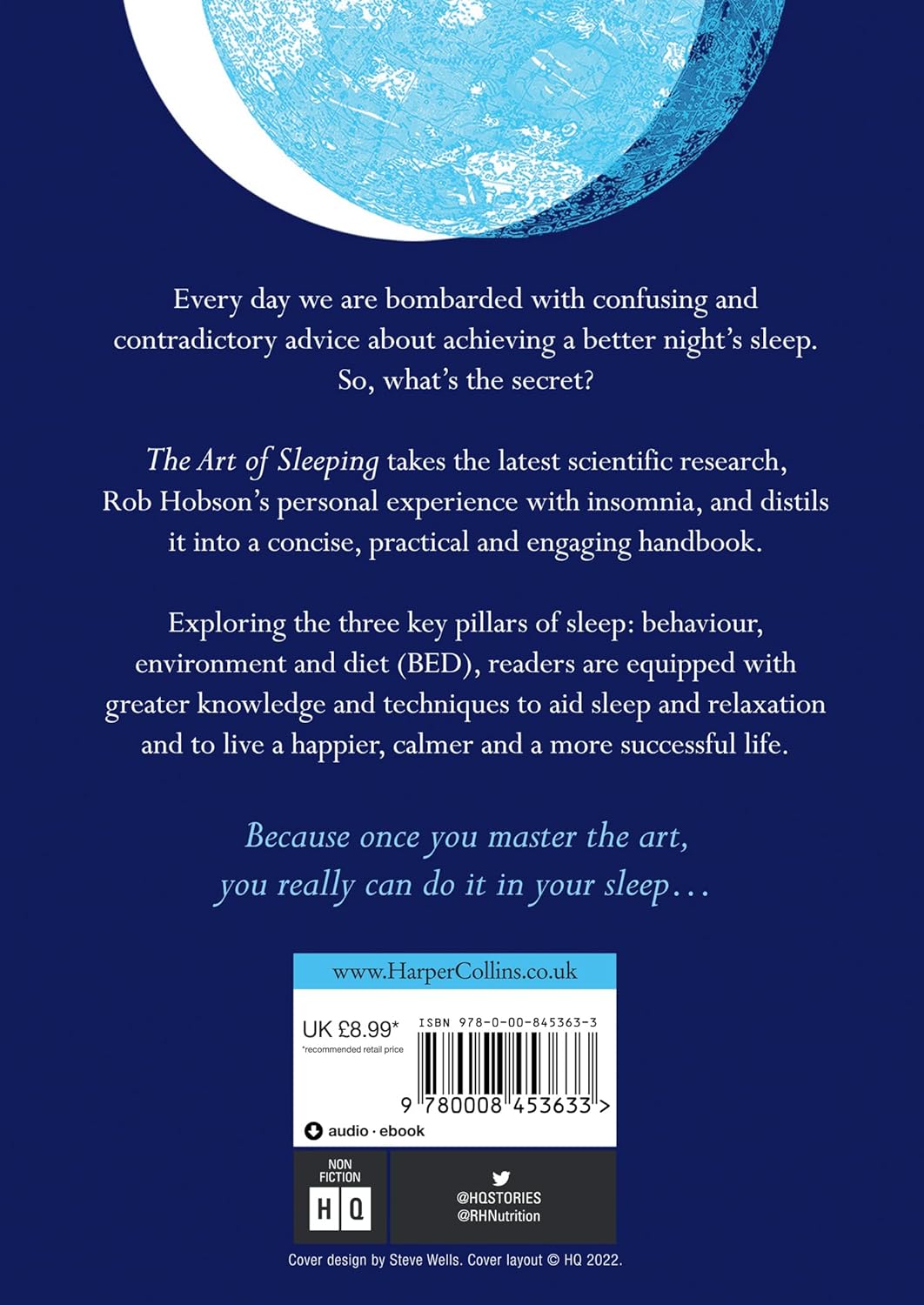 The Art of Sleeping by Rob Hobson - back cover with reviews, health and wellness paperback