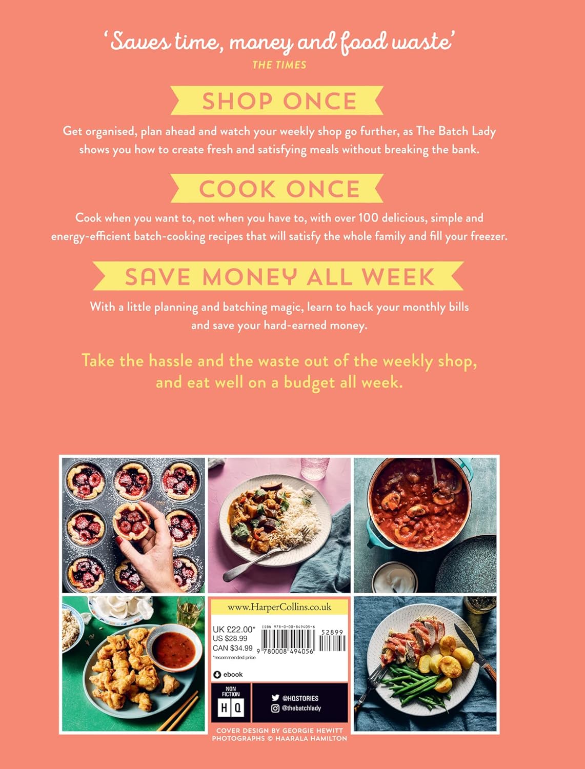 The Batch Lady: Cooking on a Budget by Suzanne Mulholland - hardback back cover with recipe details