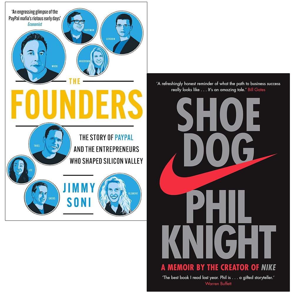 The Founders by Jimmy Soni and Shoe Dog by Phil Knight 2 book paperback set - business memoir collection cover