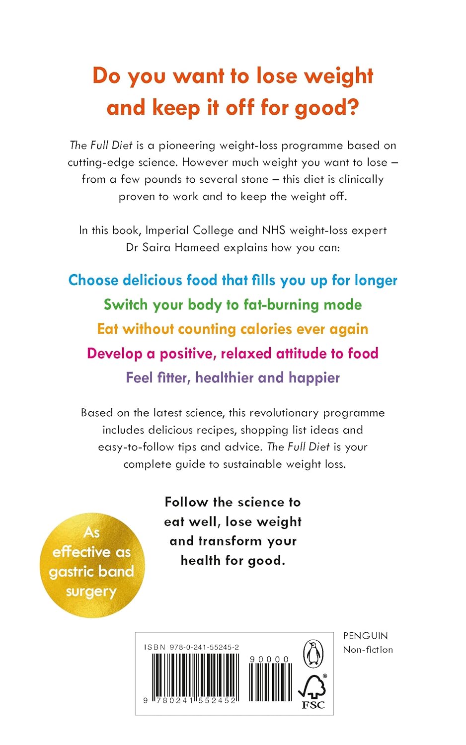 The Full Diet by Dr Saira Hameed - paperback back cover - Sunday Times bestselling weight-loss and nutrition book