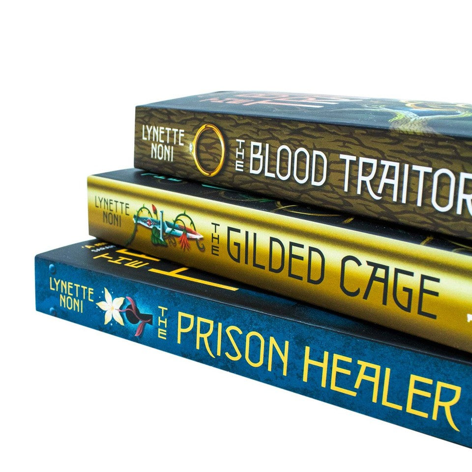 Close-up of The Prison Healer trilogy paperback books by Lynette Noni, ages 12+ YA fantasy