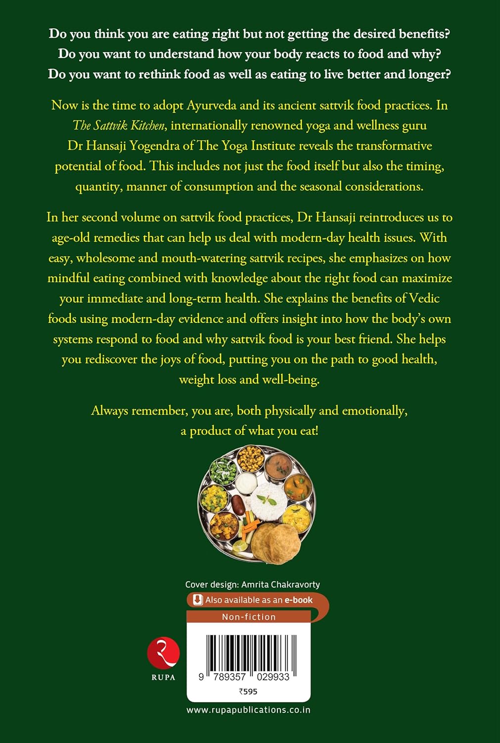 The Sattvik Kitchen by Hansaji Yogendra - Paperback back cover with book description, Ayurvedic healthy living guide