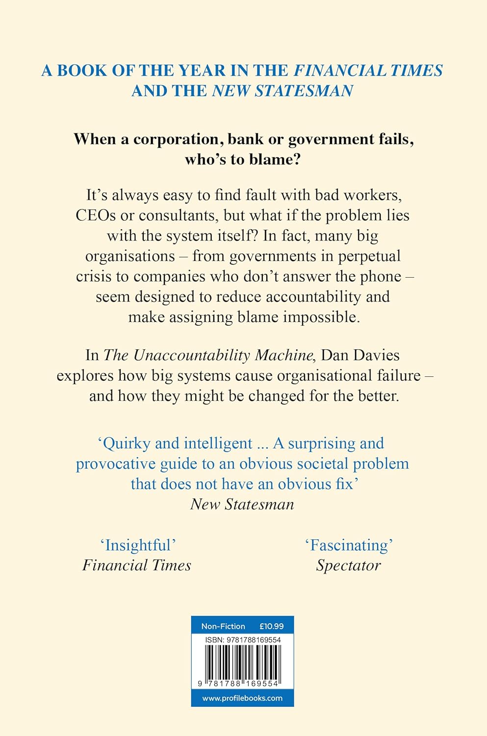 The Unaccountability Machine by Dan Davies - Non Fiction Paperback - back cover and blurb