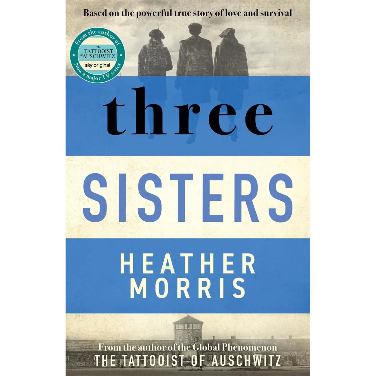 Three Sisters by Heather Morris - historical fiction paperback book cover, WWII family saga