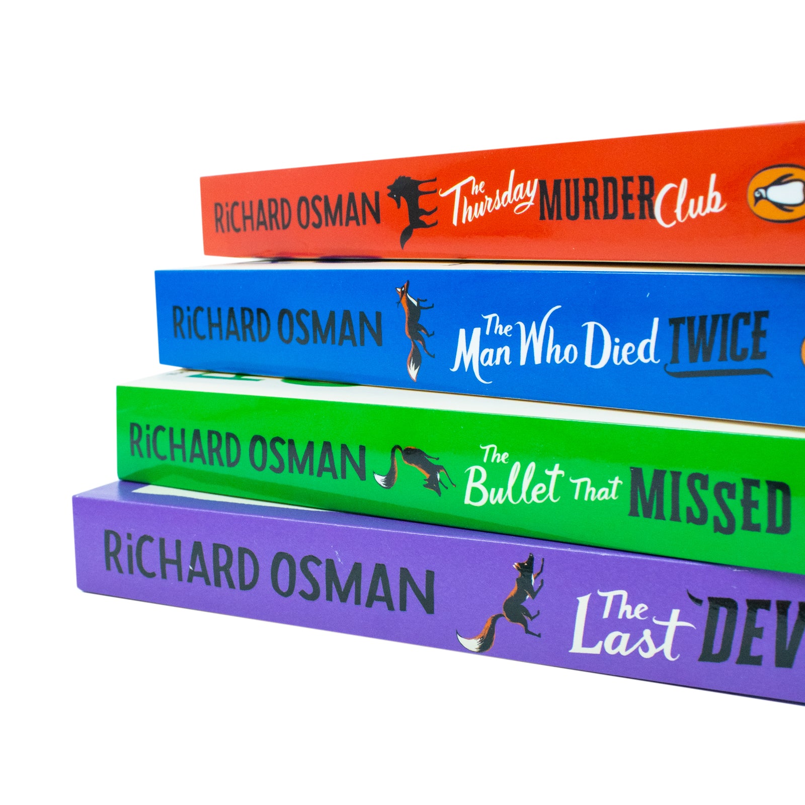 Close up of Thursday Murder Club paperback collection set by Richard Osman showing all four covers