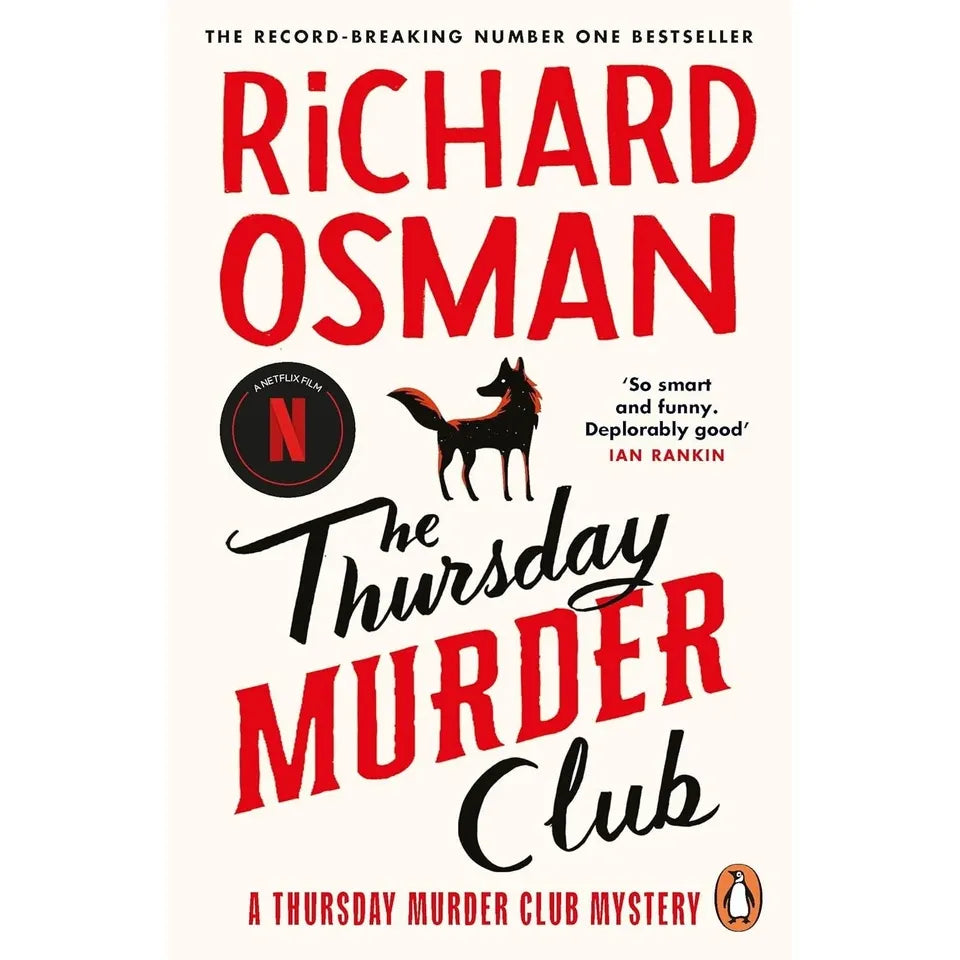 Close-up of Thursday Murder Club paperback book set covers by Richard Osman