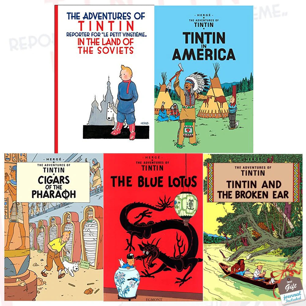 The Adventures of Tintin Collection Series 1 - 5 Book Paperback Set by Hergé with Gift Journal, Ages 8-12