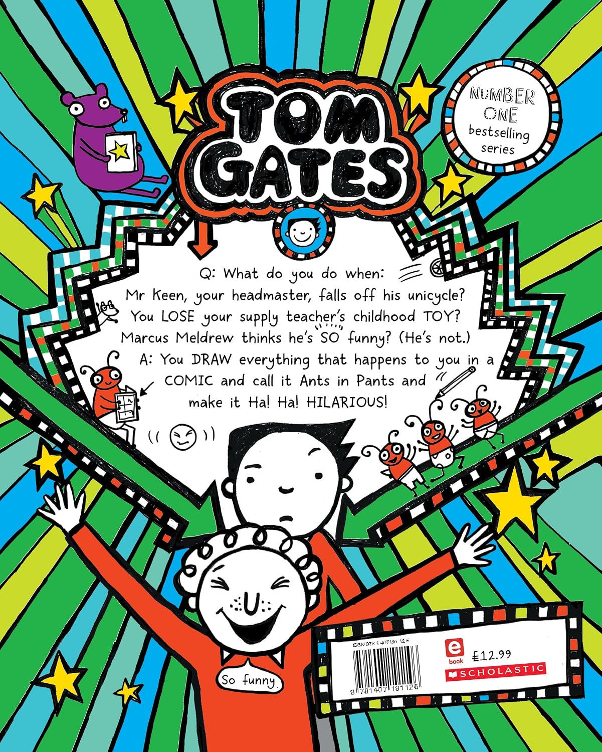 Tom Gates Is Ha! Ha! Hilarious Book 23 by Liz Pichon - hardback back cover and blurb, ages 7-9