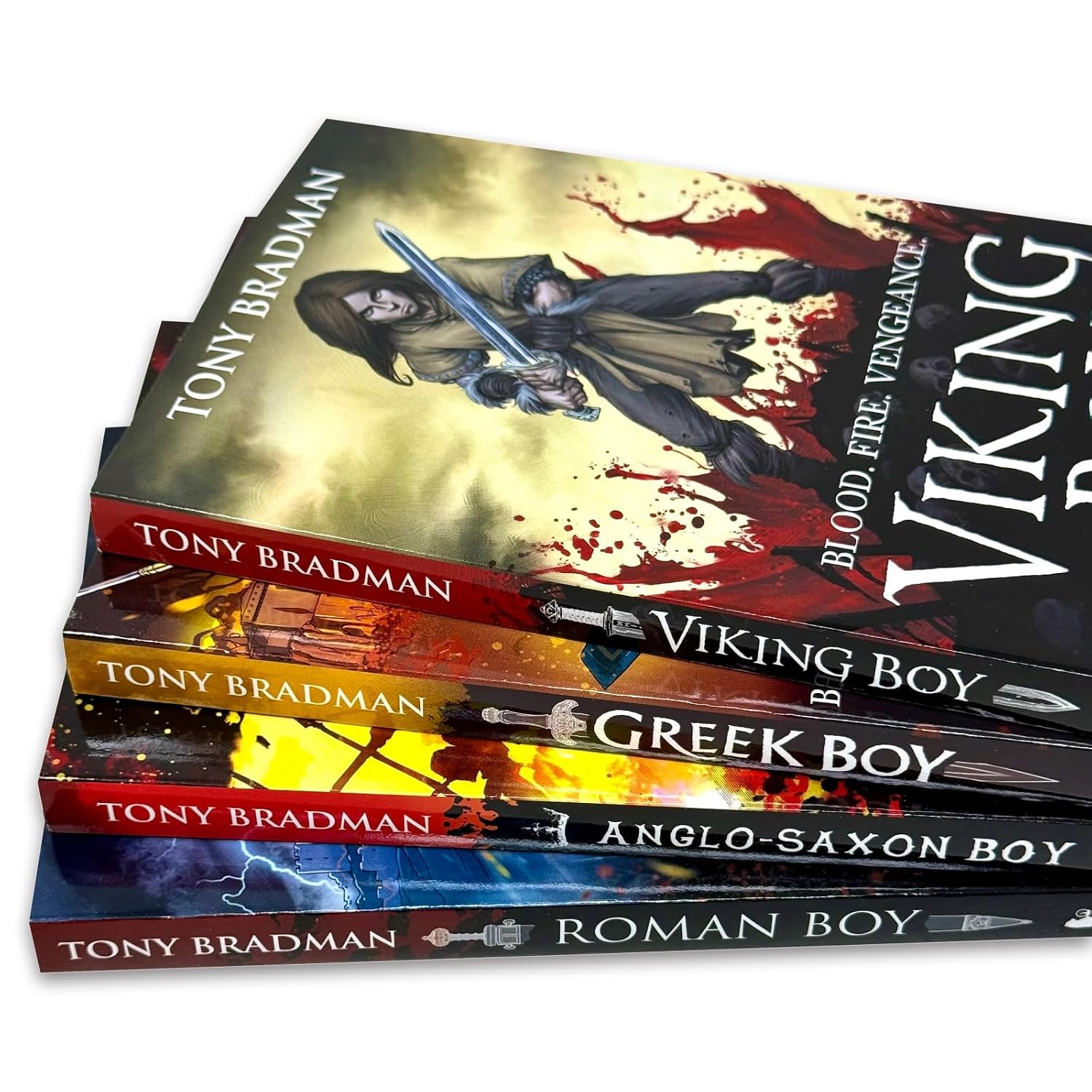 Back cover artwork for the Tony Bradman 4 Books Collection Set, Walker Books paperback historical fiction