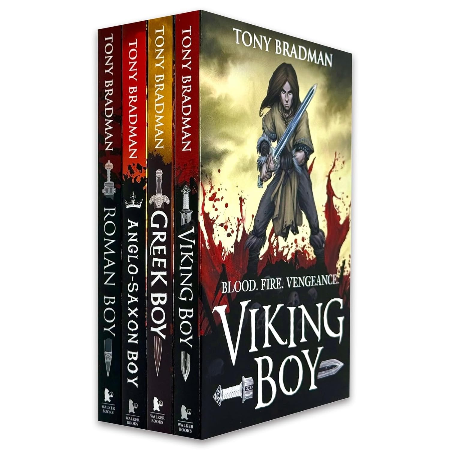 Tony Bradman Collection 4 Books Set paperback cover featuring Viking Boy, Greek Boy, Anglo-Saxon Boy and Roman Boy, historical fiction for ages 9-12