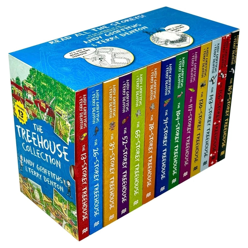 The 13-Storey to 169-Storey Treehouse books stacked together - complete paperback set for ages 7-11