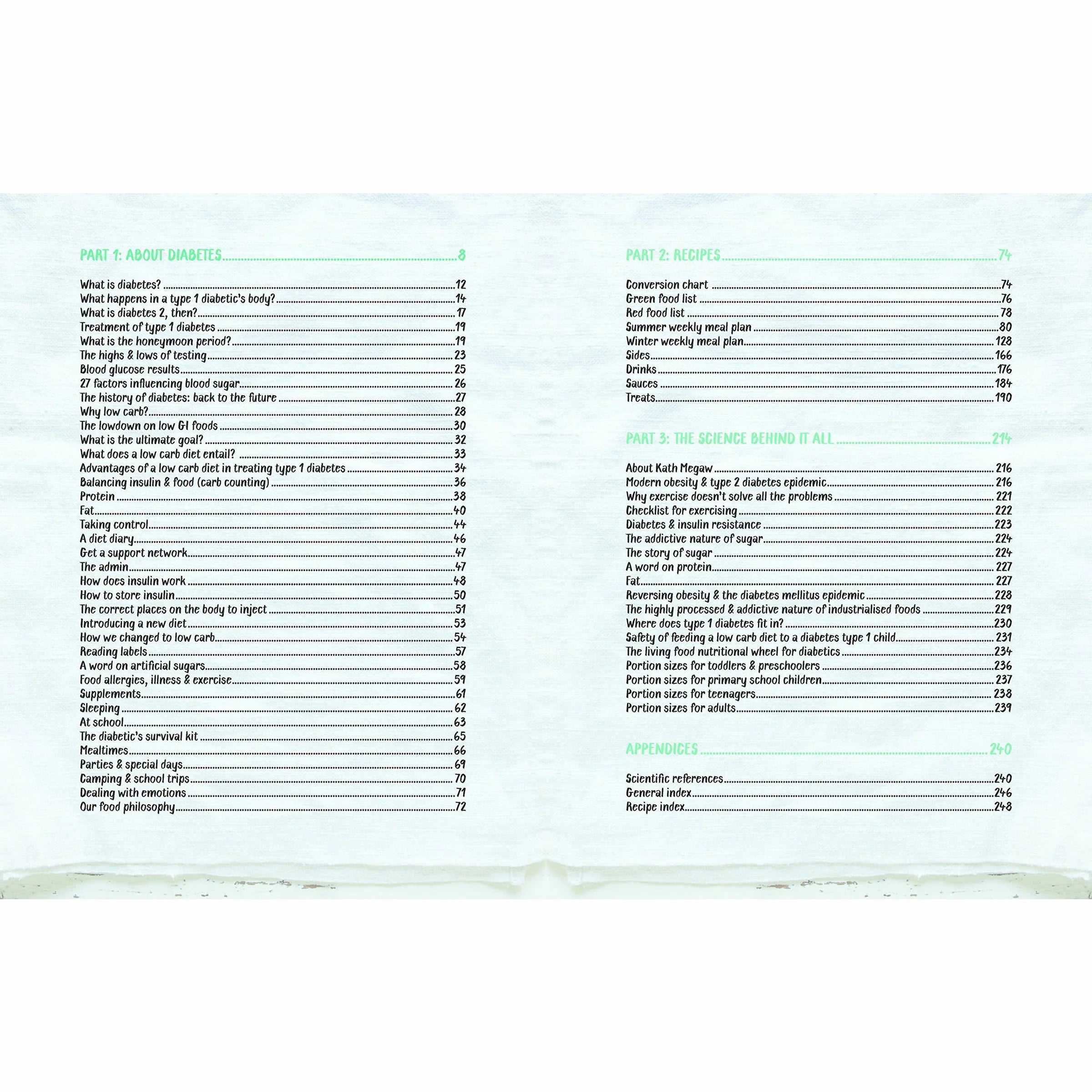 Back cover of Type 1 and Type 2 Diabetes Cookbook by Vickie De Beer and Kath Megaw, paperback diabetes recipe guide