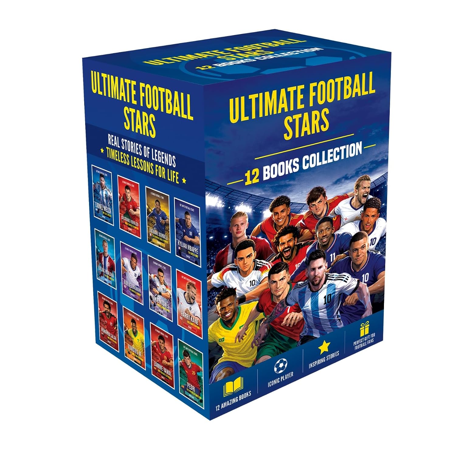Ultimate Football Stars book set featuring Messi, Ronaldo, Haaland and Bellingham biographies