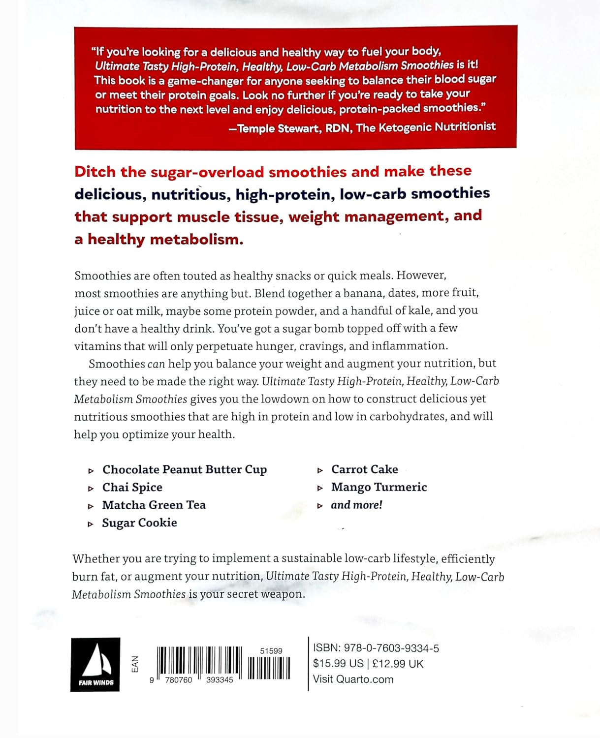 Ultimate Tasty High Protein, Low-Carb Metabolism Smoothies by Heather DiBiasi - paperback back cover with recipe details