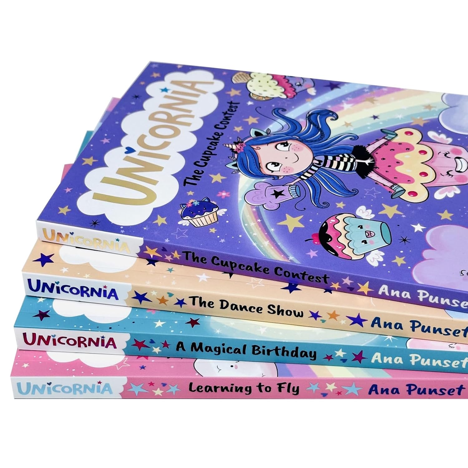 Unicornia 4 Books Collection Set by Ana Punset - Learning to Fly, A Magical Birthday, The Cupcake Contest and The Dance Show, back cover
