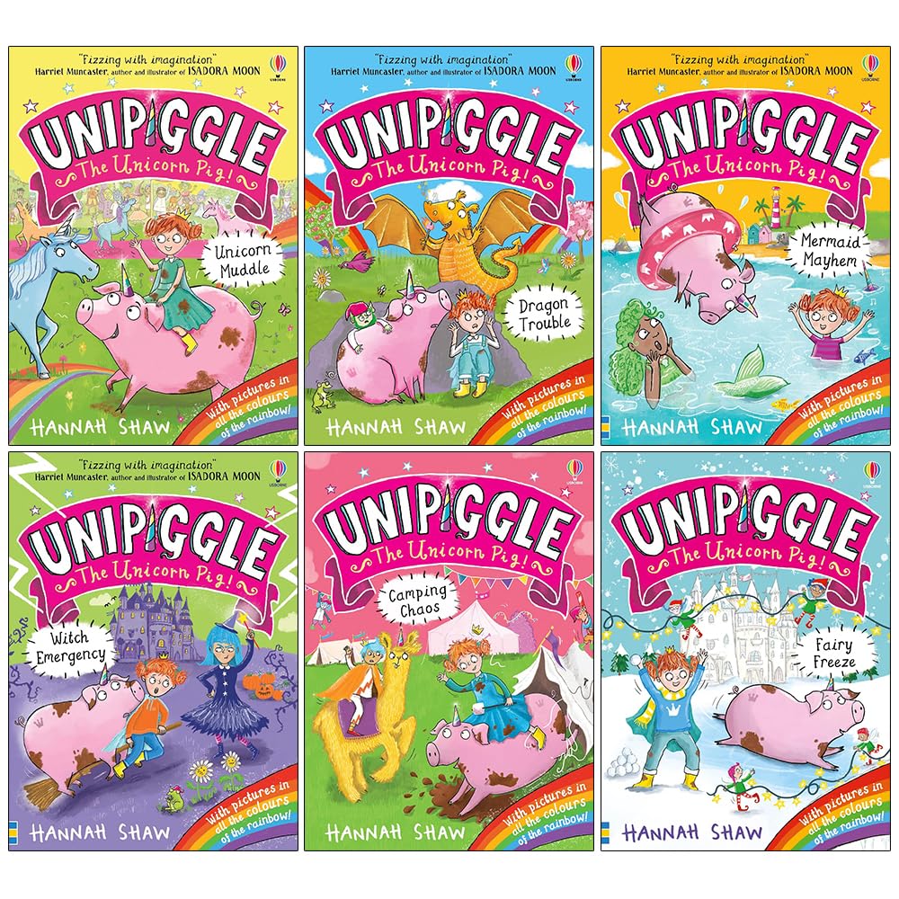 Unipiggle the Unicorn Pig 6 book collection titles including Unicorn Muddle and Dragon Trouble by Hannah Shaw