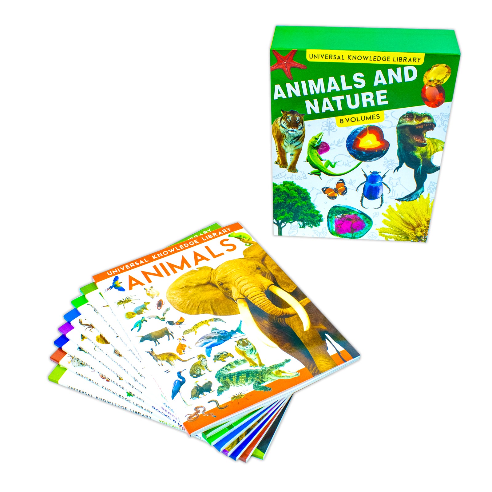 Universal Knowledge Library Animals and Nature paperback set - Rocks Minerals and Trees volumes