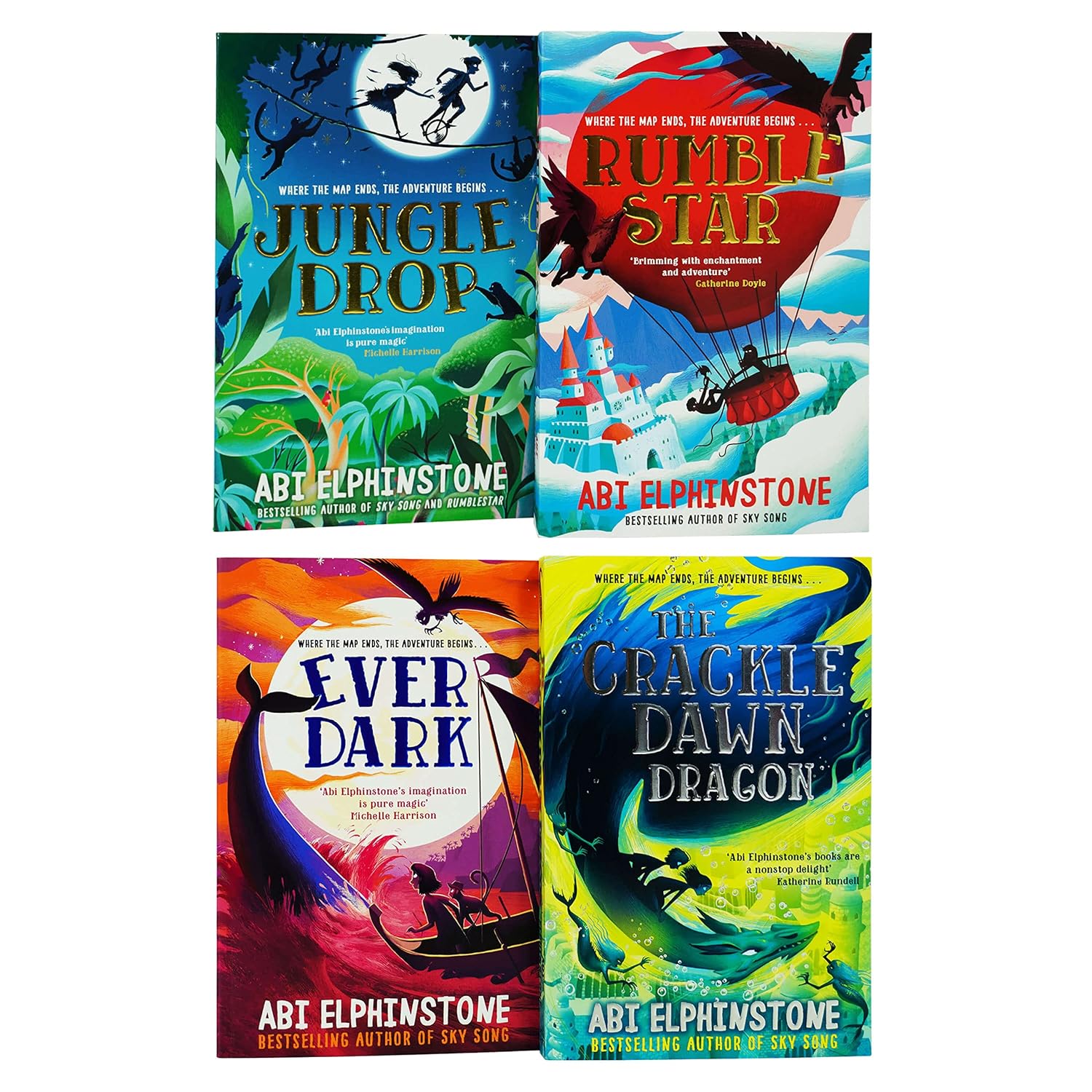 The Unmapped Chronicles paperback book set by Abi Elphinstone showing all four covers - Rumblestar, Jungledrop, The Crackledawn Dragon and Everdark