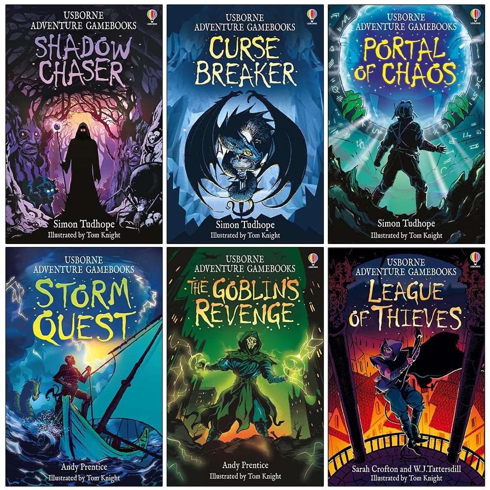Usborne Adventure Gamebooks 6 book paperback collection set cover featuring Shadow Chaser, Curse Breaker, Portal of Chaos and Storm Quest, ages 8-12
