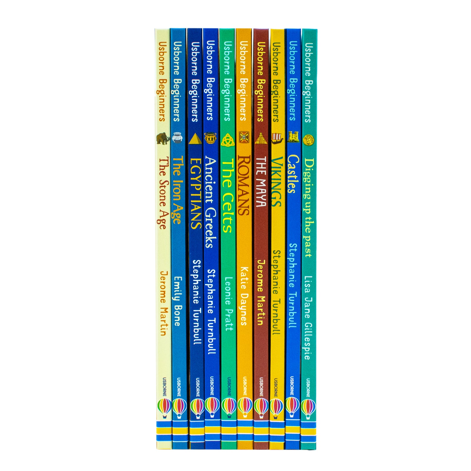 Close up of Usborne Beginners History hardback book covers in the 10 books collection set