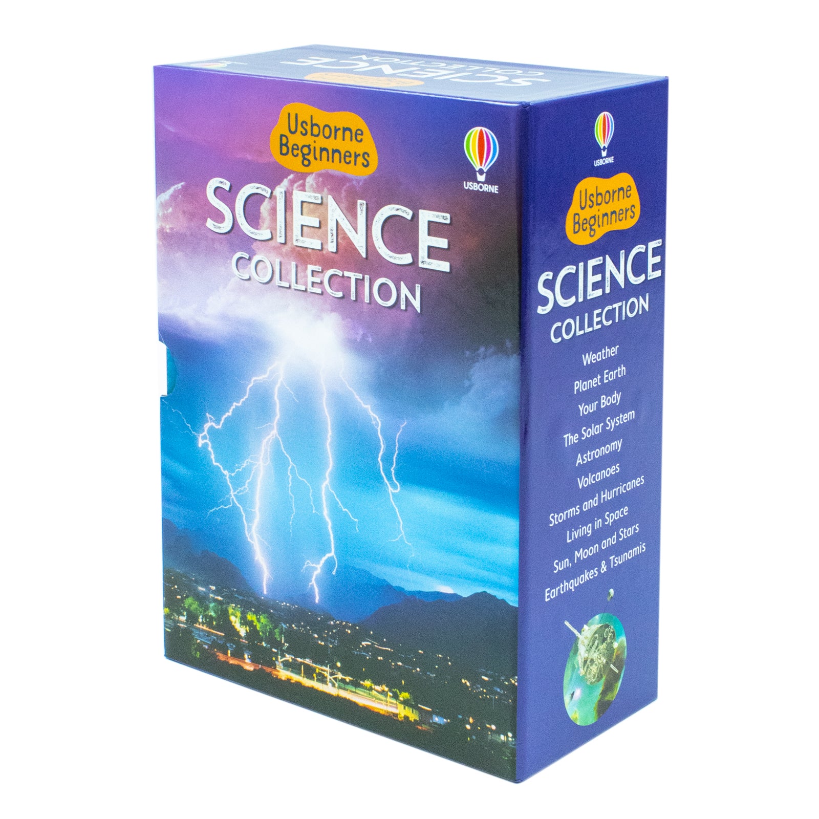 Usborne Beginners Science 10 book box set showing individual hardback titles including Weather and Planet Earth