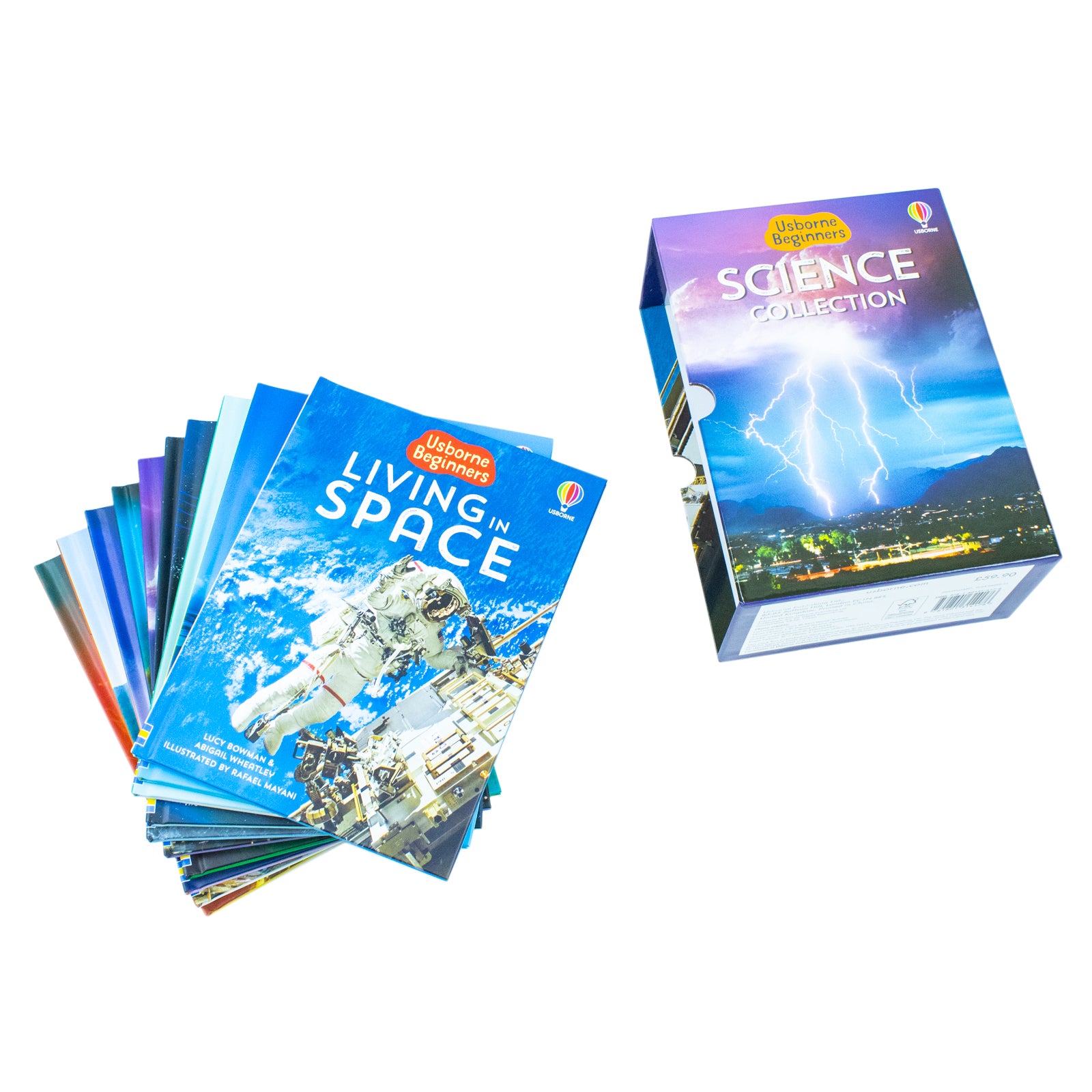 Usborne Beginners Science 10 books set close up of Earthquakes and Tsunamis and Storms and Hurricanes hardback covers