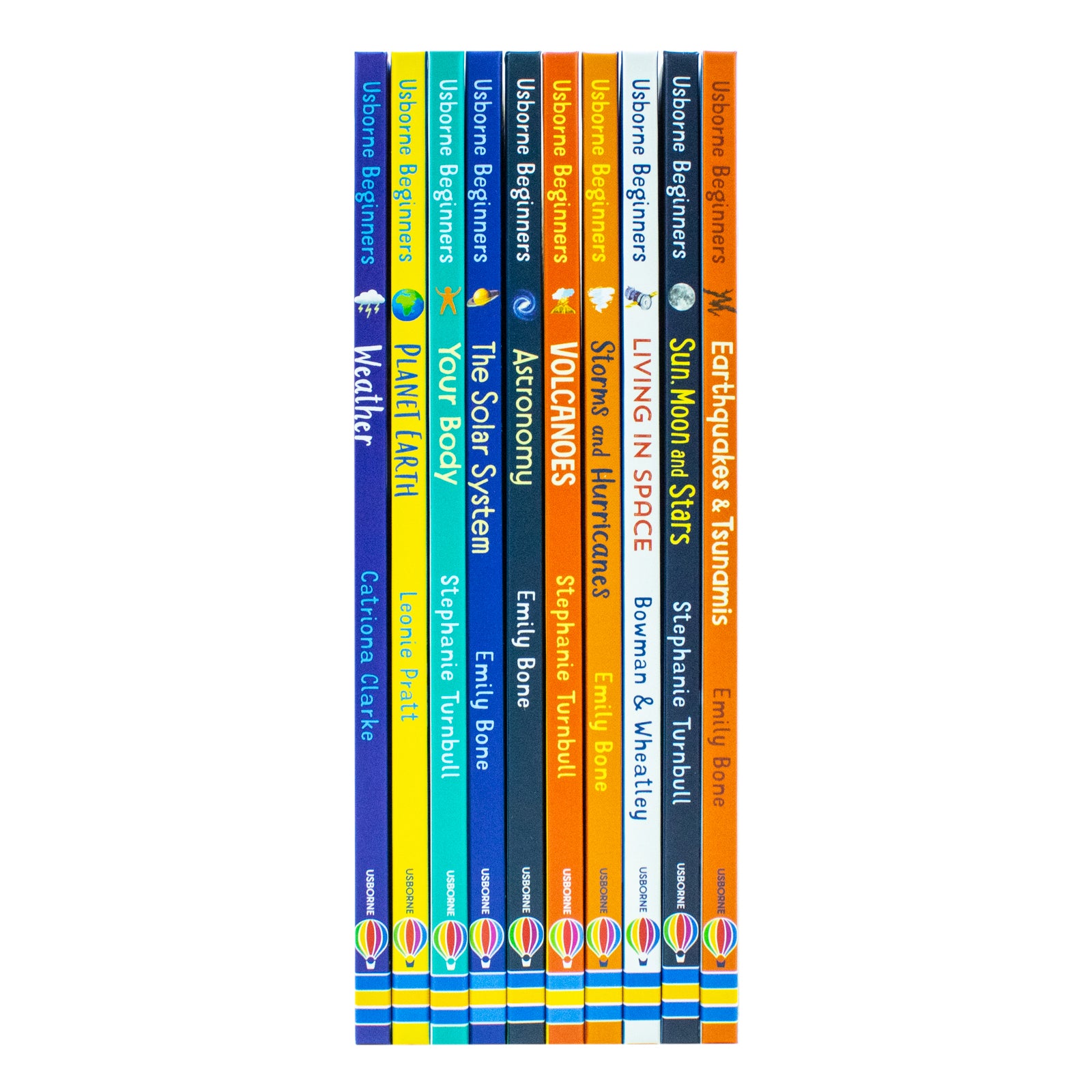 Usborne Beginners Science box set hardback books stacked showing Your Body and Living in Space titles