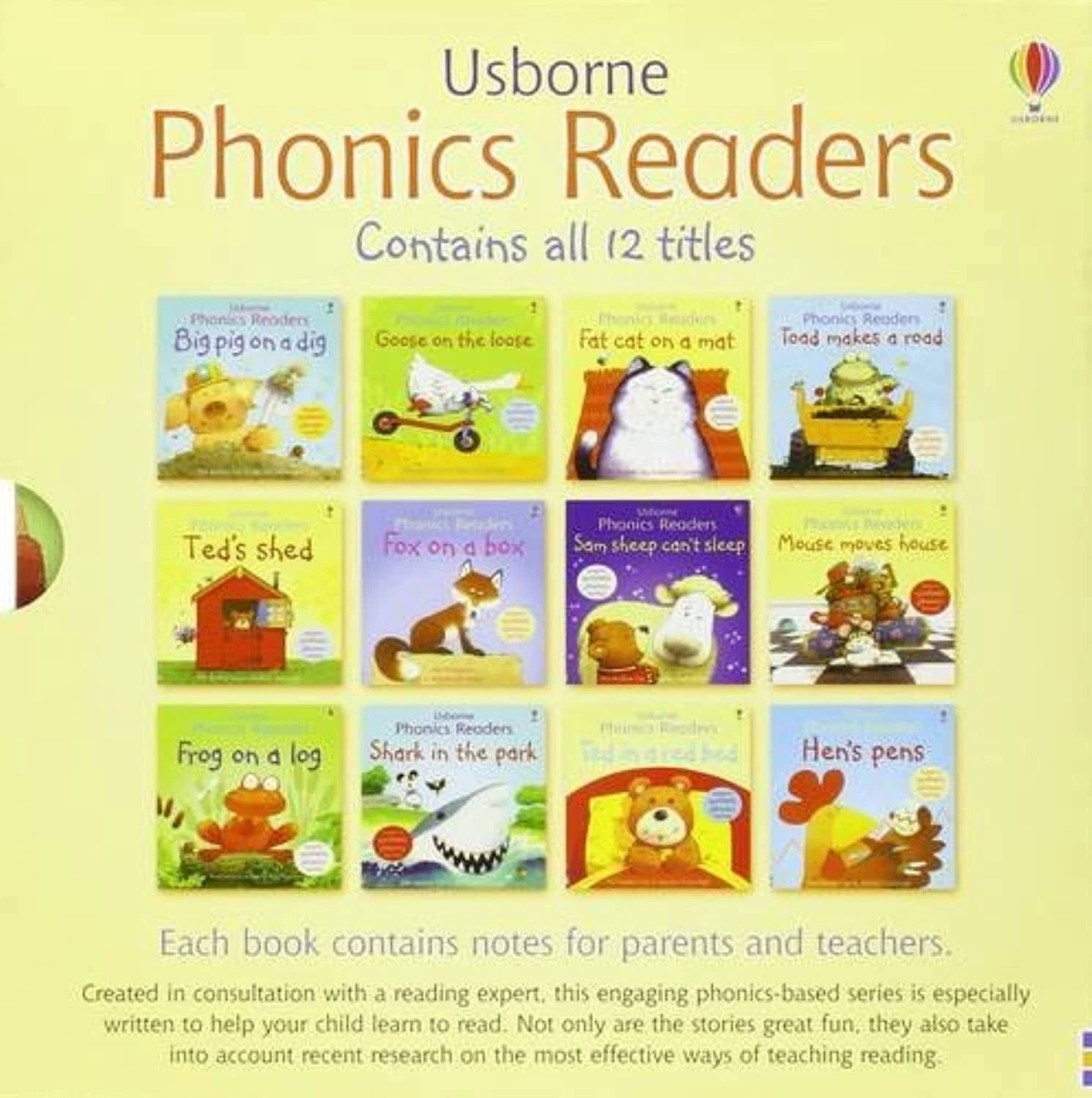 Usborne Phonics Readers box set showing all 12 individual paperback storybooks including Ted in a Red Bed and Hen's Pens