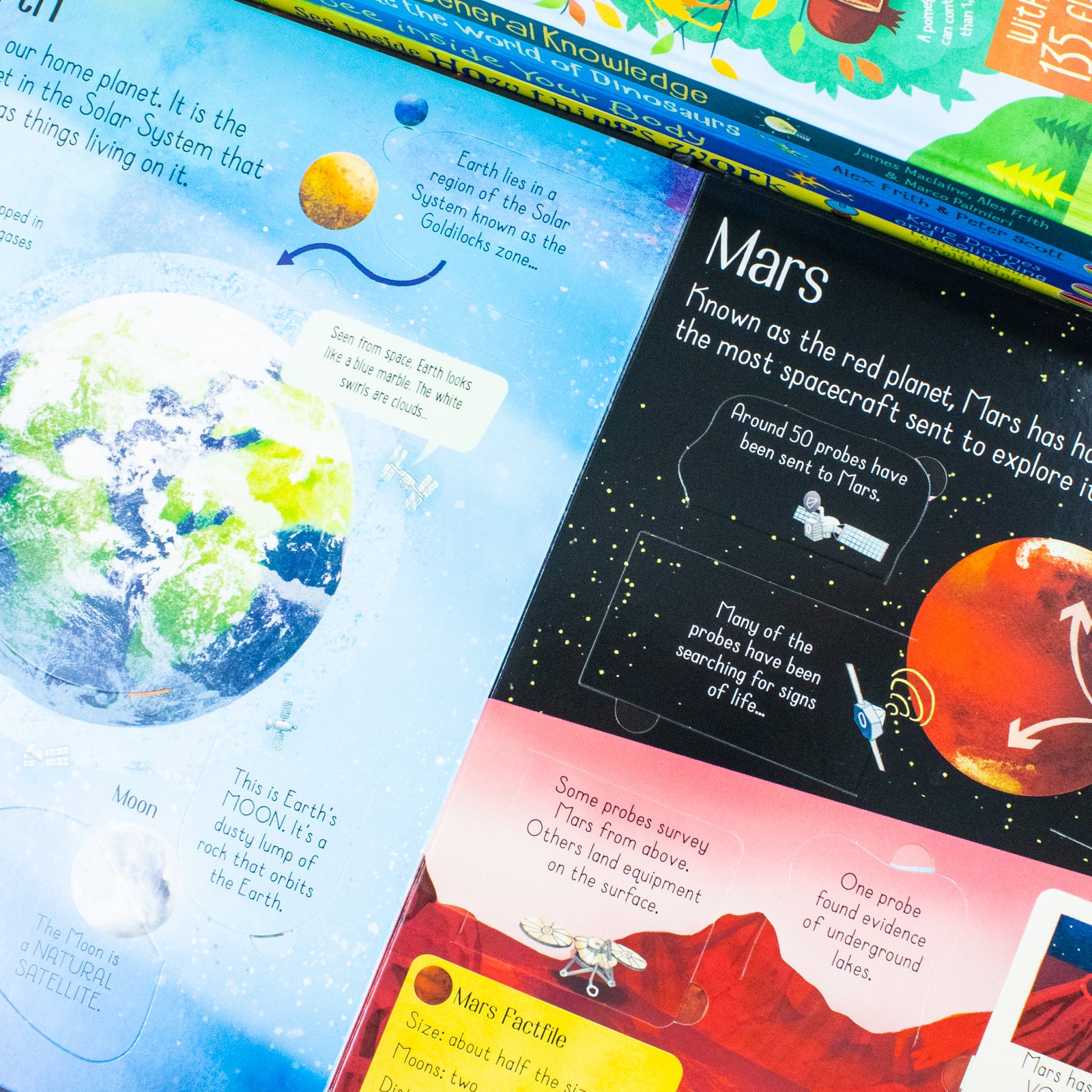 Usborne See Inside 5 Books Collection Set - board books stacked showing dinosaurs, body, machines, space and general knowledge titles