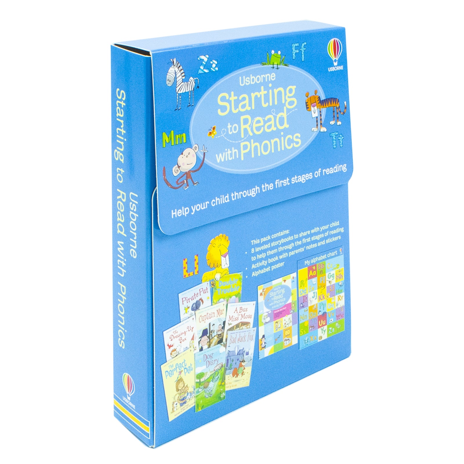 Usborne Starting to Read With Phonics 8 Books Collection Set box front cover, paperback, ages 3-7