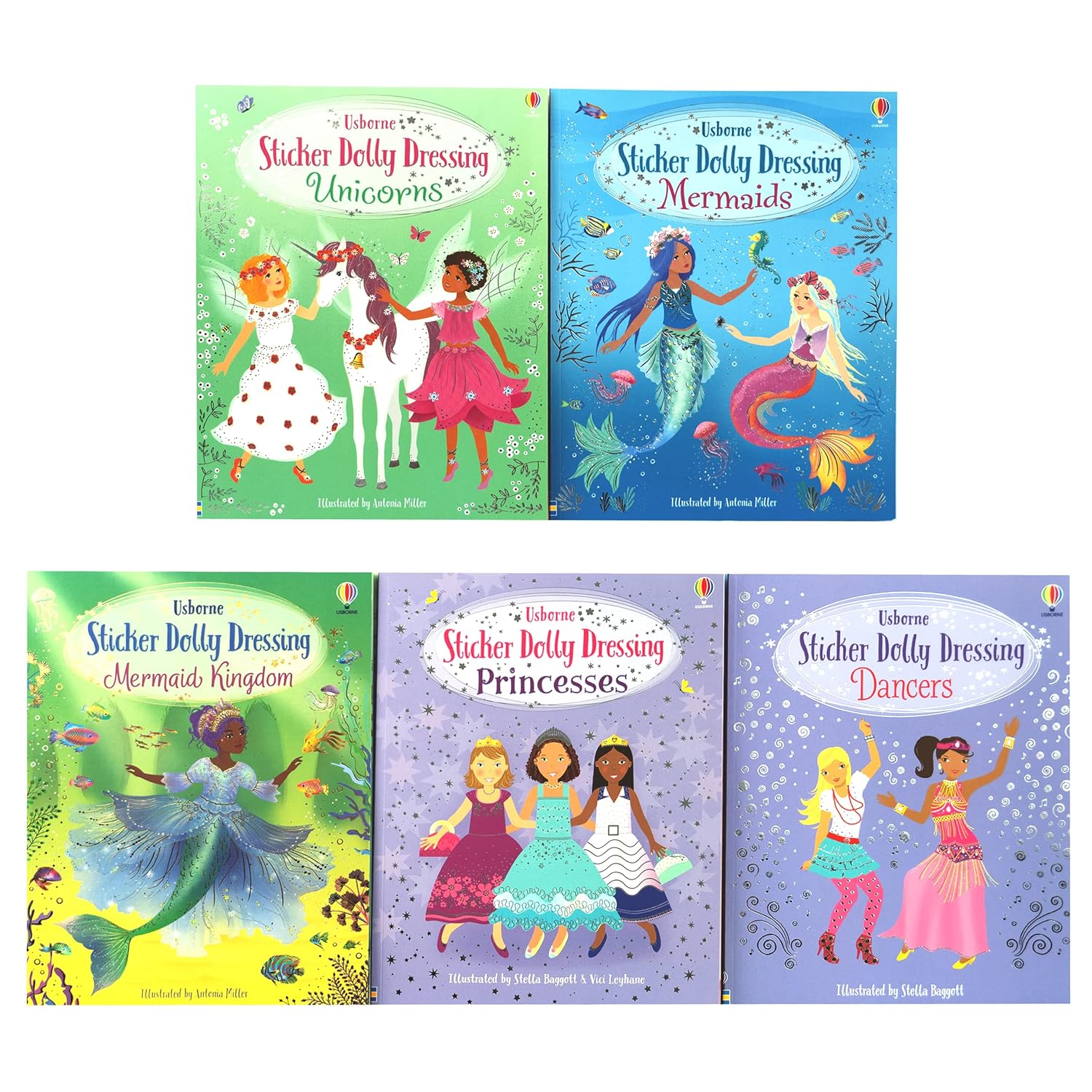 Front covers of the Usborne Sticker Dolly Dressing 5 Books Collection Set paperback books for children ages 5 and up