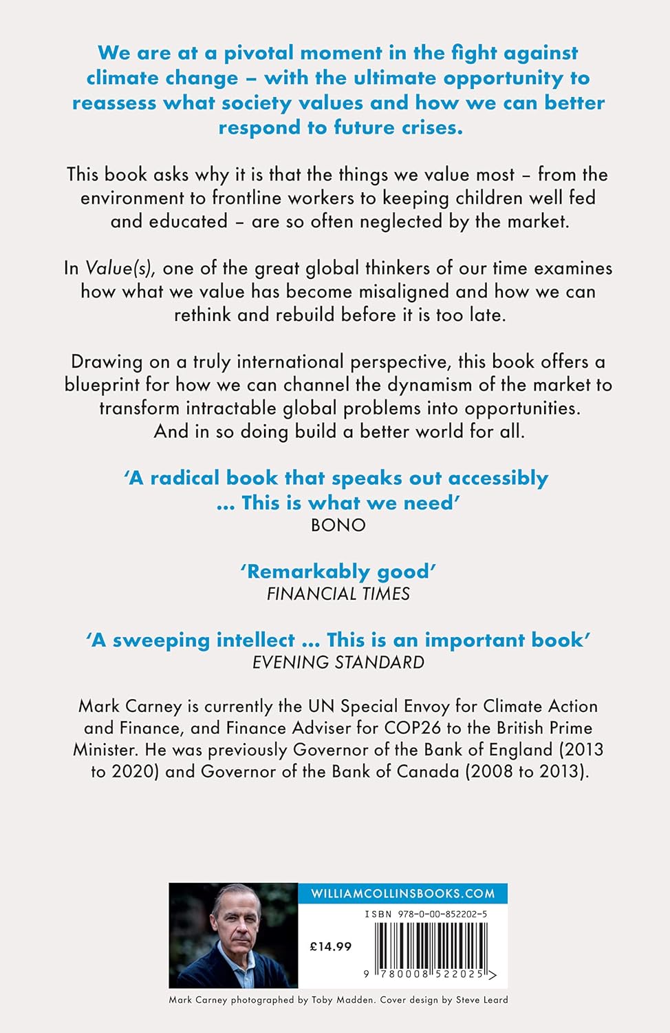 Value(s): Climate, Credit, Covid and How We Focus on What Matters by Mark Carney - Non Fiction Paperback back cover